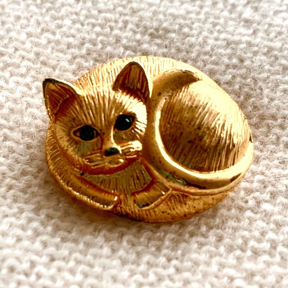 🎄🎁 GREEN EYED KITTY VTG/NEW. BROOCH OR CHAIN. 1” detailed gold - Picture 7 of 7